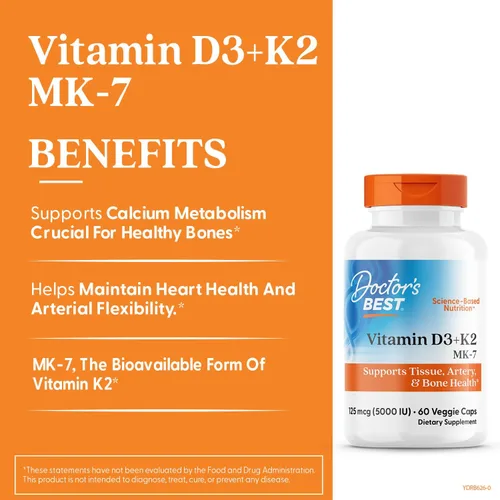 Vista 2 de Doctor's Best Suplemento de vitamina D3 y K2 para hombres y mujeres – Vitamina D3 5000 UI + K2 como MK-7, apoyo a la salud ósea, sin gluten, sin