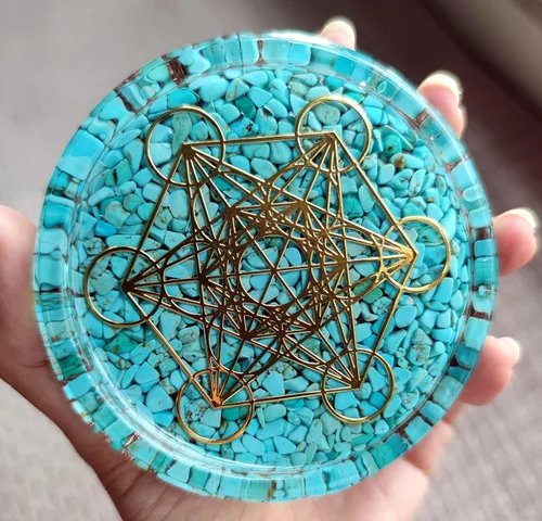 Vista 5 de Grande 4 "cristales turquesas Metatron's Cube Merkaba Coaster Placa de carga de agua Cúpula de energía
