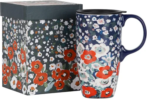 Vista 11 de Topadorn Taza de viaje de cerámica de 17 onzas con tapa y asa, taza de café floral bohemio, taza de porcelana apta para microondas y lavavajillas