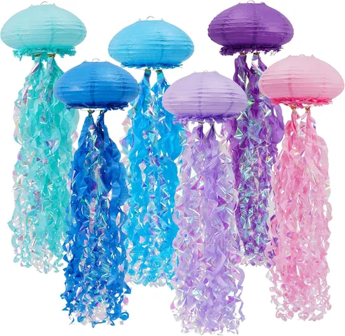 Vista 10 de Decoraciones de cumpleaños de sirena, linternas de papel de medusas rosadas lavanda azul, escamas de sirena colgantes en forma de linterna