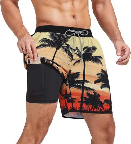 Vista 7 de Century Star Traje de baño para hombre con forro de compresión de secado rápido con bolsillos 01 Flamencos azul cielo