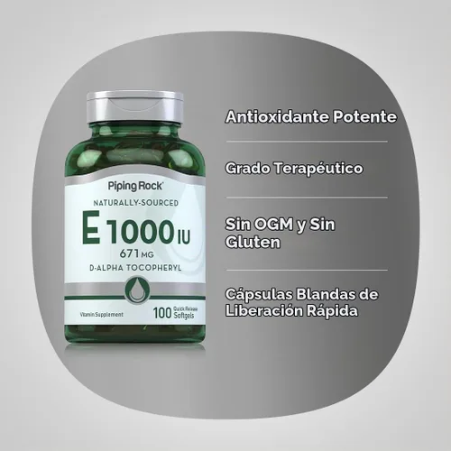Vista 4 de Piping Rock Vitamina E 1000 UI Cápsulas Softgel 671mg 100 Pastillas