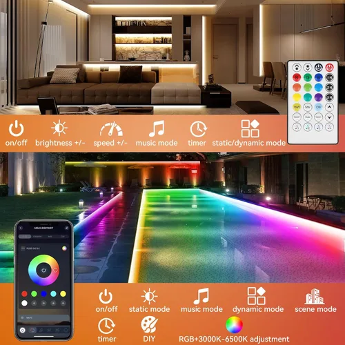 Vista 5 de Tira de luces LED RGBWW+IC de 50 pies para exteriores, IP67, impermeable, multicolor+3000K-6500K 24V luces LED con control remoto y aplicación