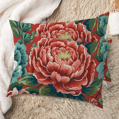 Vista 33 de Juego de 2 almohadas coloridas de estilo chinoiserie, color rosa intenso, azul real, peonía, floral, blanco, lino, estilo chinoiserie, para sofá