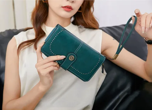 Vista 4 de BLONSO Cartera triple de piel para mujer con bloqueo RFID gran capacidad para mujer Azul Patchwork