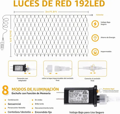 Vista 3 de HEYFUNi 192 luces LED de red de Navidad enchufables, 9.8 pies x 6.6 pies Blanco cálido