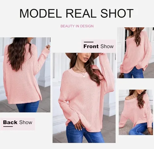 Vista 3 de Dokotoo Suéteres de punto de gran tamaño con cuello redondo para mujer, de manga larga