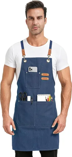 Vista 2 de Nanxson Delantal de chef con espalda cruzada con bolsillos para herramientas, delantal ajustable para hombres y mujeres, CF3174 Azul