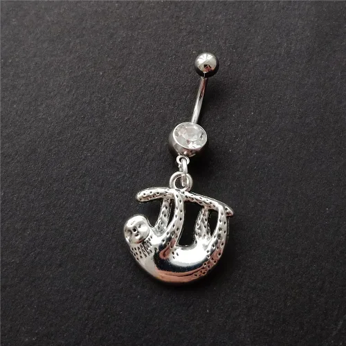 Vista 5 de Lindo anillo de ombligo de perezoso 3D, de acero inoxidable quirúrgico artístico, 14G, con colgante colgante, joyería original para el cuerpo