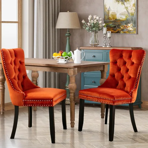 Vista 10 de Juego de 2 sillas de comedor tapizadas de tela de lino, sillas de cocina modernas de mediados de siglo con respaldo alto, ribete de cabeza de clavo