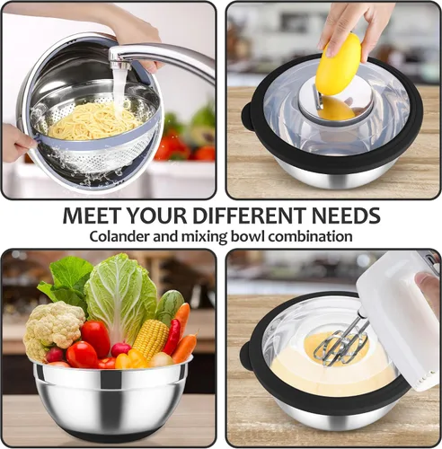 Vista 5 de E-far Colador con Juego de Tazón Mezclador, Coladores de Acero Inoxidable 4 en 1 con Ralladores para Cocina, Tazón Colador de Alimentos Giratorio
