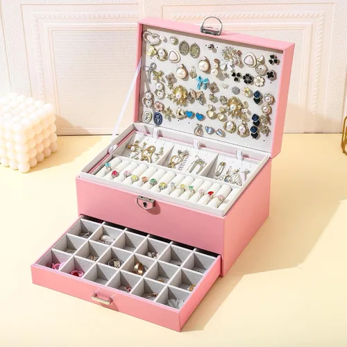 Vista 6 de BOOVO Joyero de aretes para mujeres y niñas, organizador de tachuelas, caja organizadora de joyas de 5 capas con candado, organizador de aretes