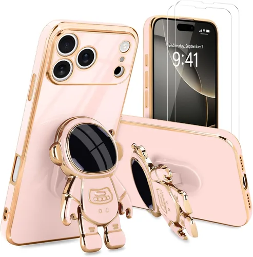 Vista 24 de Pepmune - Funda para iPhone 15 con soporte de astronauta 3D, color negro [2 Screen Protector], Luxury Electroplated Soft TPU Cover with Kickstand