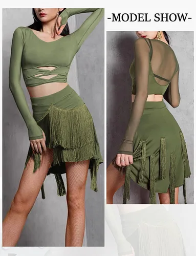 Vista 2 de FEOYA Falda de baile latino para mujer, falda de salón con flecos, borla para salsa y tango