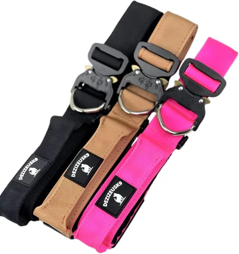 Vista 6 de Collar táctico para perro con asa, nailon resistente de 1.5 pulgadas de grosor, hebilla de liberación rápida de metal de estilo militar y anillo