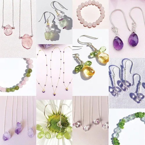 Vista 7 de Aretes de amatista prehnite de cuarzo rosa, hechos a mano, piedras preciosas mixtas naturales, piedras preciosas verdes, rosas y moradas, joyería