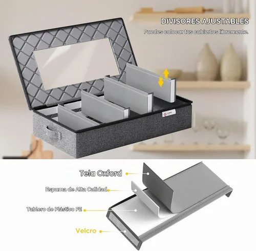 Vista 4 de YearningHome Caja de almacenamiento de cubiertos, organizador de cubiertos de carcasa dura con tapa y cremallera, almacenamiento de utensilios