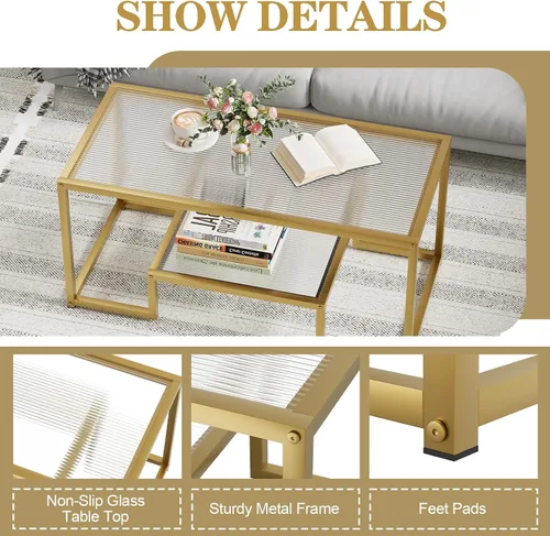 Vista 8 de Mesa de café Wolawu Mesa de café dorada de vidrio para sala de estar, mesa de centro rectangular de 2 niveles con tapa de vidrio acanalada y marco