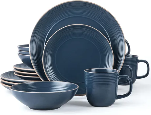 Vista 15 de ARORA SKUGGA Juego de vajilla redonda de cerámica de 16 piezas de 4, platos, platos pequeños, cuencos y tazas - Negro mate (472979)