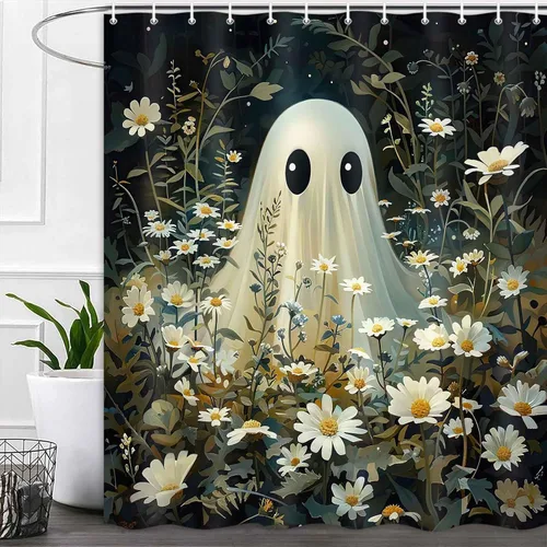 Vista 2 de Cortina de ducha de Halloween, cortina de baño espeluznante, fantasma, linda y divertida, juego de decoración de baño con ganchos, 72 x 72 pulgadas
