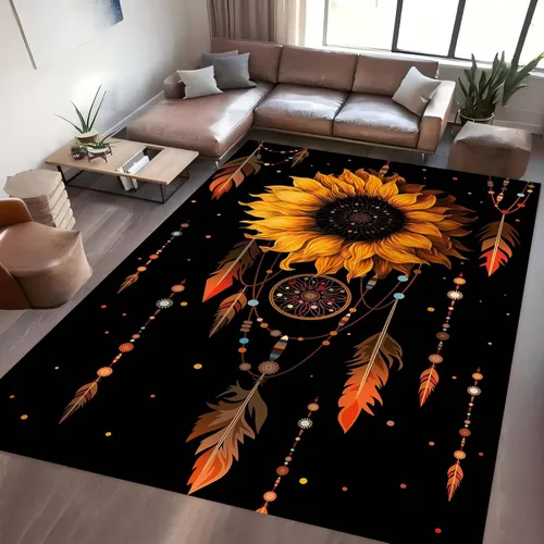 Vista 17 de Alfombra hippie de girasol, 3 x 4 pies, alfombra floral abstracta, alfombra multicolor brillante, antideslizante, fácil de limpiar, para entrada