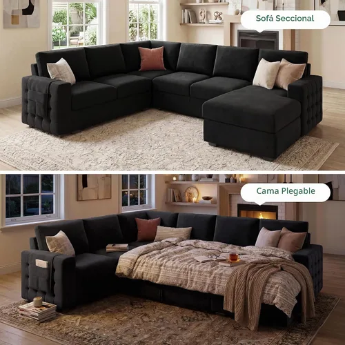 Vista 3 de HONBAY Sofá cama seccional con cama extraíble, sofá seccional en forma de U con diván de almacenamiento, sofá seccional de 6 plazas, terciopelo negro