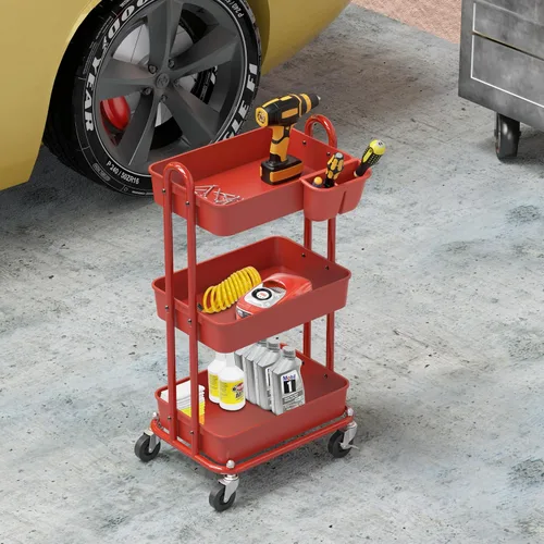 Vista 5 de Simple Houseware - Carro multiusos rodante de 3 niveles con cubos colgantes, color Rojo Almacenamiento para baño, cocina, oficina, sala