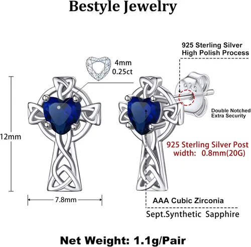 Vista 6 de Bestyle Vintage 925 Sterling Silver Celtic CrossTriquetra Necklace with 12 Month Heart Gemstone, Dainty Heart Birthstone Necklace Faith Irish Amulet