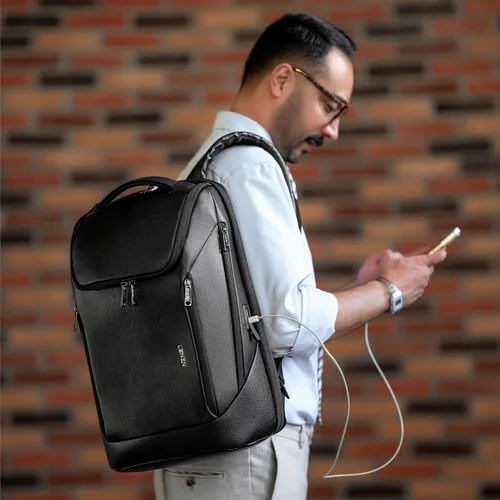 Vista 2 de LENZN Mochila de negocios de cuero duradera perfecta para hombres y mujeres, mochila de trabajo para 15.6 pulgadas, bolsa de viaje de alta calidad