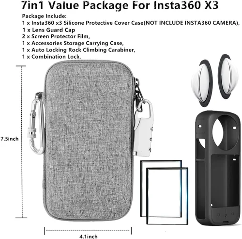 Vista 6 de Kit de accesorios 7 en 1 compatible con Insta360 X3 [funda de silicona para cámara] [cubierta protectora de lente] [película protectora de pantalla]