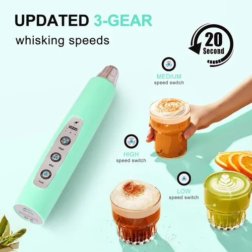 Vista 2 de YUSWKO Baby Blue - Varita espumadora de leche de mano para café, batidor eléctrico recargable con 3 cabezales, 3 velocidades, mezclador de bebidas