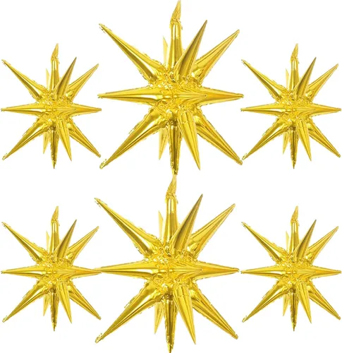 Vista 8 de 6 Globos de Papel de Aluminio con Forma de Estrella Negra de Una Pieza, Globo de Estrella de 14 Puntas 4D Cono Starburst de Mylar de 22 Pulgadas 22
