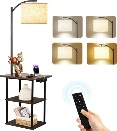 Vista 8 de PESRAE Lámpara de pie con mesa, lámparas para mesita de noche con estación de carga (USB y tipo C y puerto de CA), bombilla LED de 3 temperaturas