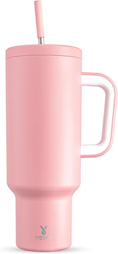 Vista 39 de Meoky - Vaso de 30 oz con asa, tapa y pajilla, taza de viaje térmica de acero inoxidable 100% a prueba de fugas, para portavasos, mantiene el frío
