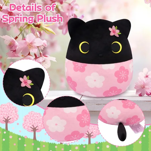 Vista 4 de Peluche de gato negro, animal de peluche Sakura con bordado Sakura en la cabeza, regalos de felpa suave para niños y niñas
