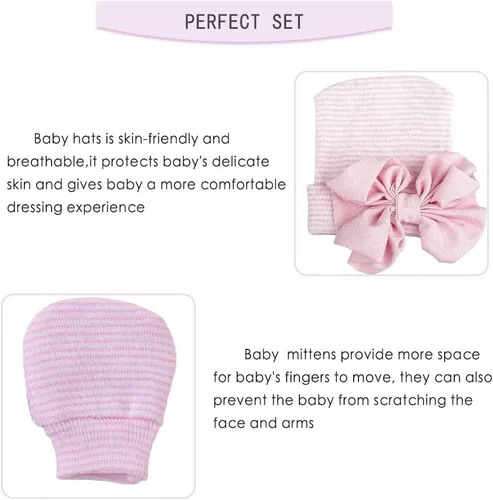 Vista 6 de Gorras y manoplas para recién nacidos, gorro de hospital para recién nacidos, guantes antiarañazos, set de regalo para niños y niñas