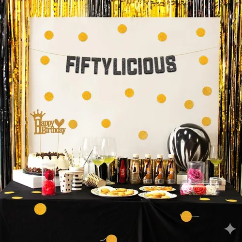 Vista 6 de Cartel Fiftylicious con purpurina negra preencordada, divertidas decoraciones de cumpleaños 50 y aniversario para hombres y mujeres, suministros
