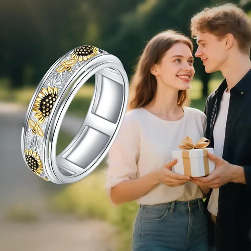 Vista 6 de POPLYKE Anillos giratorios de plata de ley para aliviar el estrés, joyería para regalar Girasol de abeja