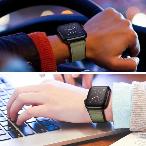 Vista 7 de OUHENG Correas de cuero compatibles con Apple Watch de 42mm 41mm 40mm 38mm, correa híbrida de cuero genuino y goma para iWatch Series 11 10 9 8 7 6