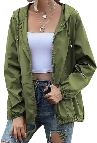 Vista 4 de Chaqueta impermeable ligera para mujer, rompevientos con capucha y bolsillos para exteriores Impermeable verde militar
