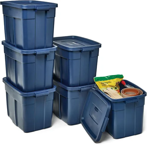 Vista 12 de Rubbermaid Roughneck Tote de 3 galones, paquete de 6, fabricado en EE.UU., índigo oscuro metálico, contenedores de almacenamiento de plástico
