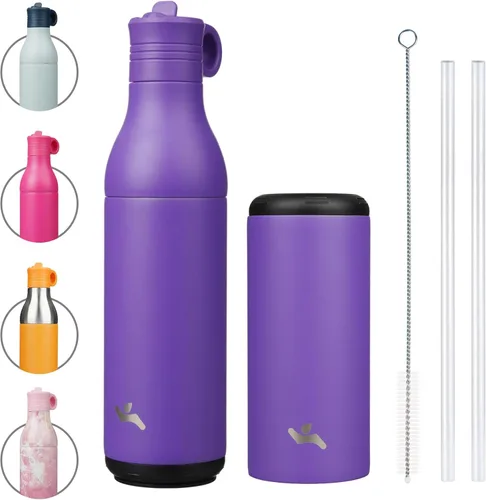 Vista 21 de Konokyo Botella de agua de acero inoxidable de 13 onzas con pajilla, aislada, botella de viaje de metal reutilizable con parte inferior extraíble