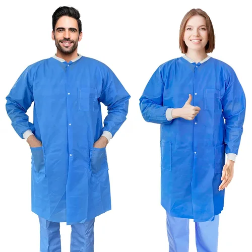 Vista 9 de AMZ Medical Supply Abrigos de laboratorio desechables. Abrigo de laboratorio de SMS de 50 GSM de longitud hasta la rodilla con cuello y puños