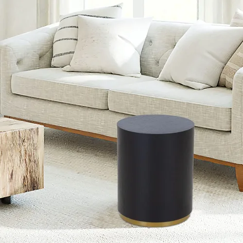 Vista 8 de KEVINSPACE Mesa auxiliar negra con borde dorado en la parte inferior, mesa de centro redonda para espacios pequeños, mesa auxiliar de madera mesita