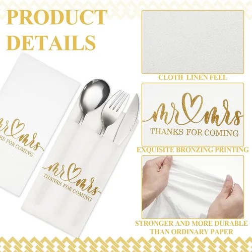 Vista 3 de Panelee 100 servilletas de boda con bolsillo integrado para cubiertos de Mr and Mrs personalizadas, sensación de lino, suministros de cena Dorado