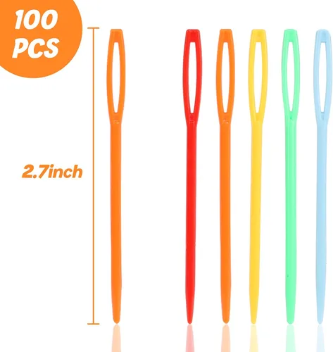 Vista 2 de LoveInUSA 100 agujas de hilo para niños y principiantes, agujas de coser de plástico de ojo grande de 2.7 pulgadas para ganchillo, tejido, tapiz