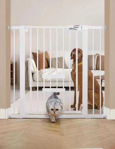 Vista 9 de BABELIO Nueva Versión Puerta de Bebé con Puerta para Gatos Ajustable, Puerta de Mascotas de Metal de 29-40" para Escaleras y Puertas, Montaje a Negro