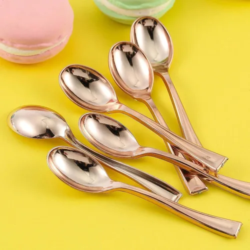 Vista 9 de Efavormart - Juego de 24 cucharas de plástico de 4 pulgadas, pequeñas cucharas desechables para degustación de postres con acabado metálico