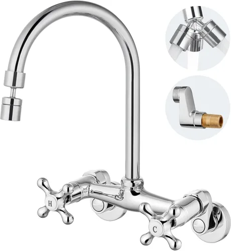 Vista 12 de Airuida Grifo de cocina de montaje en pared con rociador, grifo de fregadero de cocina montado en la pared, manijas dobles cruzadas, boquilla