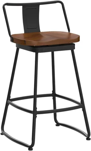 Vista 5 de Taburetes de bar giratorios de 24 pulgadas con respaldo, juego de 2 sillas de bar de metal con asiento de madera, taburetes de bar industriales